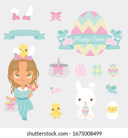 Easter set vector featuring bunny girl, bunny, chicks, and more. 
