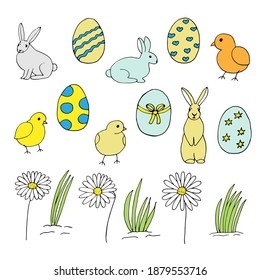 Easter set, vector illustration, bunnies, chickens, eggs and daisies, hand drawing colored