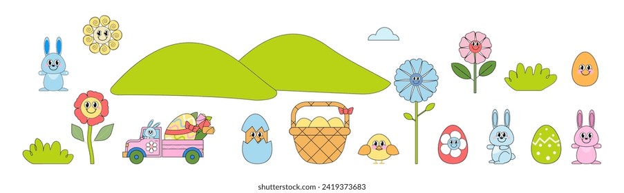 Easter set vector illustration with bunny,car,Easter egg,chick,basket,flowers