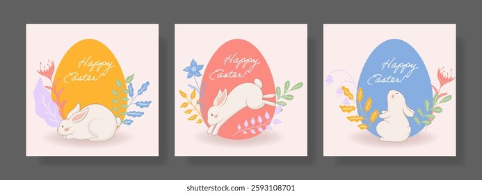 Easter set. White rabbit, orange egg, floral decoration, pastel colors, holiday greeting, spring elements, delicate leaves, festive design, seasonal celebration, Easter card, soft illustration