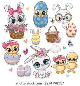 Easter set with White Rabbits and Cute Cartoon Chickens