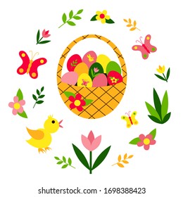 Fiesta de Pascua. Cesta de mimbre con huevos, pollo, mariposas, flores, plantas. Diseño plano. Elementos aislados sobre un fondo blanco. Ilustración vectorial. 