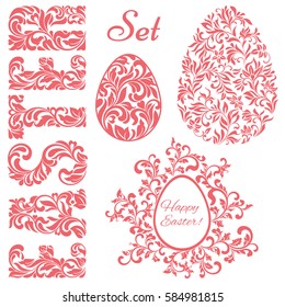 Easter set. Word EASTER and Easter eggs made of swirls and floral elements isolated on a white background