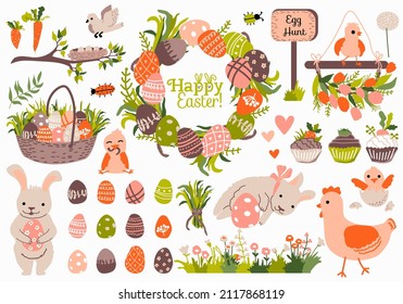 Easter set. Wreath, garland, cute bunnies and chickens, Easter eggs, cupcakes, carrot, basket. Spring home decor. Ideal for sticker kit, greeting cards, tags. 