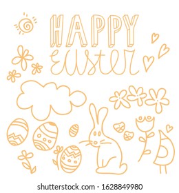 Easter set of yellow hand drawing objects and text - HAPPY EASTER. Vector spring design elements for wallpapers, patterns, invitations, prints, greeting cards, posters. White isolated background.