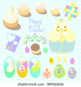 Easter set.Happy chick with flower.Easter  basket.