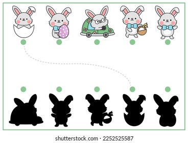 Easter shadow matching activity with bunnies. Spring holiday shape recognition puzzle with cute kawaii animals. Find correct silhouette printable worksheet. Garden page for kids with rabbits
