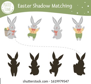 Easter shadow matching activity for children. Preschool Christian holiday puzzle. Cute spring educational riddle. Find the correct bunny silhouette game