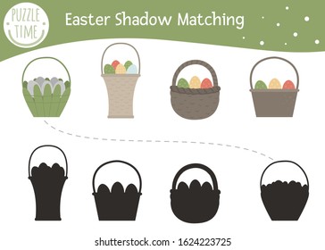 Easter shadow matching activity for children with basket and colored eggs. Preschool Christian holiday puzzle. Cute spring educational riddle. Find the correct silhouette game