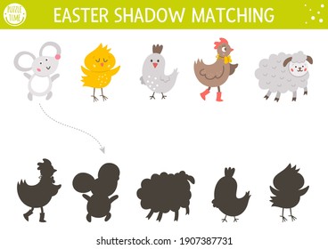 Easter shadow matching activity for children. Fun spring puzzle with cute farm animals. Holiday celebration educational game for kids. Find the correct silhouette printable worksheet. 
