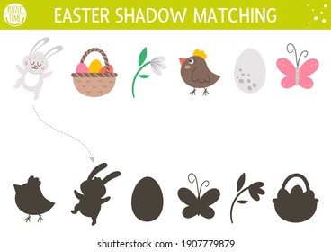 Easter shadow matching activity for children. Fun spring puzzle with cute holiday symbols. Educational game for kids with eggs, basket, bunny, flower. Find the correct silhouette printable worksheet