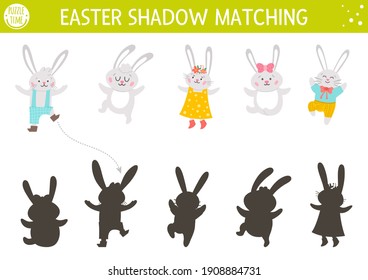 La actividad de emparejamiento de sombras de Pascua para niños con familia conejita. Rompecabezas de primavera divertida con animales lindos. Juego educativo de celebración de feriados para niños. Busque la hoja de cálculo imprimible de silueta correcta. 
