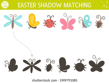 Easter shadow matching activity for children. Fun spring puzzle with cute insects. Holiday celebration educational game for kids. Find the correct silhouette printable worksheet. 
