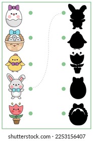 Easter shadow matching activity with traditional characters. Spring holiday shape recognition puzzle with cute kawaii animals. Find correct silhouette printable worksheet. Garden page for kids
