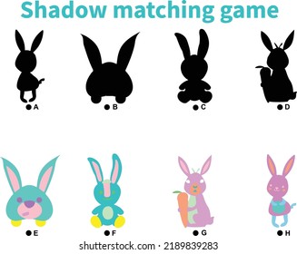 Easter shadow matching game activity. Holiday celebration educational game for kids. Find the correct silhouette printable worksheet 