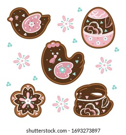 Easter shaped gingerbread, chocolate with painting. Figures of a rabbit, chicken, bird, egg, flower. Vector image isolated on a white background.