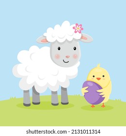 Easter Sheep and baby Chick holding Easter Egg