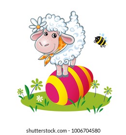 Easter sheep and bee with colored egg. Easter card set
