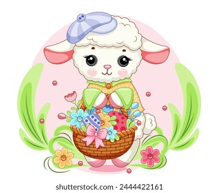 Easter sheep lamb in purple cap with basket of flowers against a backdrop of green grass. Clipart for greeting card, poster, postcard, birthday, easter. Vector illustration. 