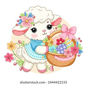 Easter sheep lamb wearing a blue shirt with basket of flowers against a backdrop of green grass. Clipart for greeting card, poster, postcard, birthday, easter. Vector illustration. 