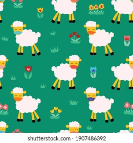 Easter Sheep wearing protective face mask Covid social distancing seamless vector pattern. Repeating Coronavirus Easter holidays background. Cute animal lamb illustration and flowers for Easter 2021.