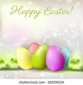 Easter shiny background with colorful eggs and ribbons