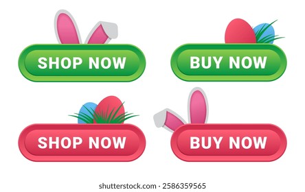 Easter shop now button icon set. Holiday buy symbol icons. Spring online shopping click buttons