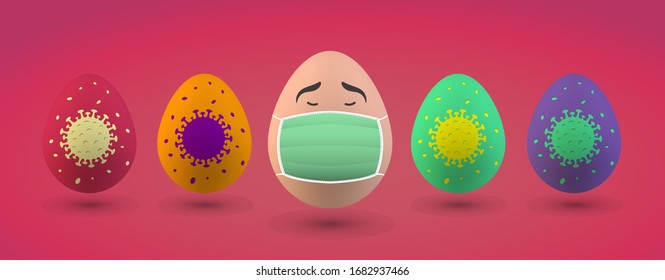 Easter sick colored eggs on pink background. Covid-19, coronavirus theme.