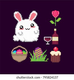 Easter sicon set. Pixel art. Old school computer graphic style. 8 bit video game. game element.