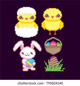 Easter sicon set. Pixel art. Old school computer graphic style. 8 bit video game. game element.