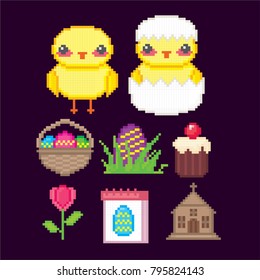 Easter sicon set. Pixel art. Old school computer graphic style. 8 bit video game. game element.