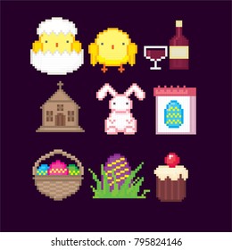 Easter sicon set. Pixel art. Old school computer graphic style. 8 bit video game. game element.