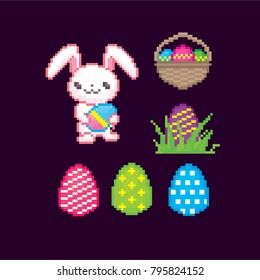 Easter sicon set. Pixel art. Old school computer graphic style. 8 bit video game. game element.