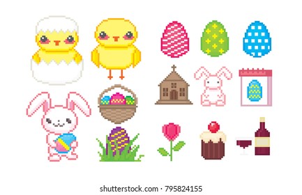 Easter sicon set. Pixel art. Old school computer graphic style. 8 bit video game. game element.