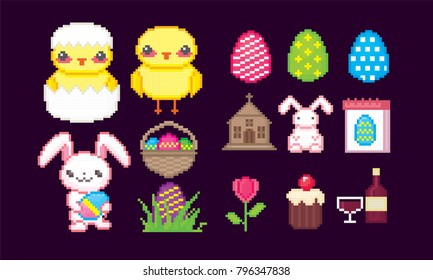 Easter sicon set. Pixel art. Old school computer graphic style. 8 bit video game. game element.