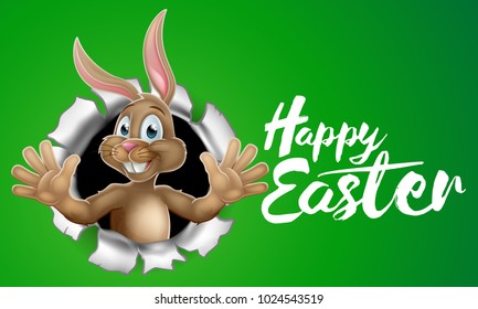 The Easter sign with bunny rabbit cartoon character breaking through the background and waving