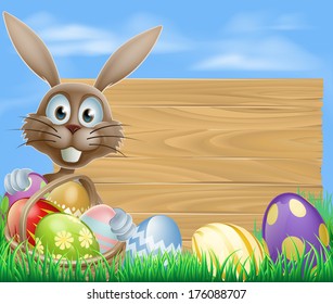 Easter sign with Easter bunny rabbit and Easter eggs
