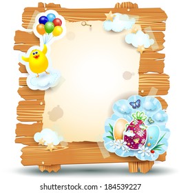 Easter signboard with chick and eggs isolated on white, vector 