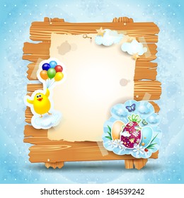 Easter signboard with chick and eggs on blue background, vector 