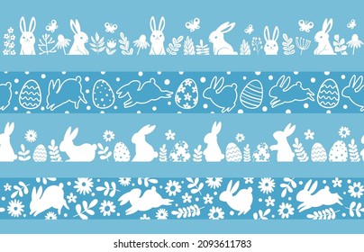 Easter silhouette borders with bunny, eggs and flowers. Spring meadow ornament for traditional easter decoration. Rabbit vector patterns set. Spring easter bunny pattern border illustration