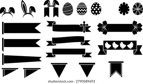 Easter silhouette icon collection with rabbit ears eggs ribbons banners