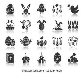 Easter silhouette icons set. Web sign kit of egg. Bunny Rabbit pictogram collection includes bread, sweet food, cute chick. Simple vector black symbol. Tradition church holiday icon with reflection