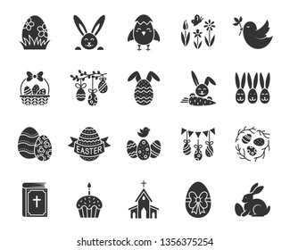 Easter silhouette icons set. Web sign kit of egg. Bunny Rabbit pictogram collection includes cake, spring flower, basket. Simple easter black symbol isolated on white. Vector Icon shape for stamp