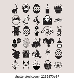 Easter silhouette icons set. Web sign kit of egg. Bunny Rabbit pictogram collection includes cake, spring flower, basket. Simple easter black symbol isolated on white. Vector Icon shape for stamp