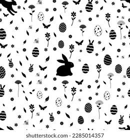 Easter Silhouette seamless vector in black. Isolated background.
Easter Symbol Ornament with Easter bunny, Easter egg, flowers, bee and butterfly.
Endless join together possible on all four sides.