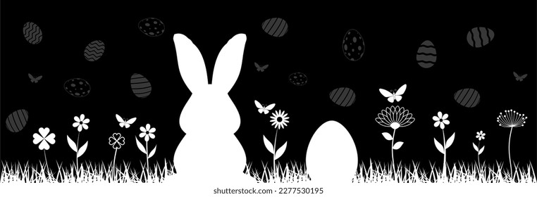 Easter Silhouette vector in black.
Easter Symbol Ornament with bunny, Easter egg, flowers, grass and butterfly.
Useable for Happy Easter greeting cards, emails and calendar etc.