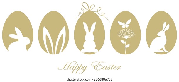Ostersilhouette Vektor auf Golden. Frohe Ostern Gruß.
Symbol Ornament mit Osterbunny, Osterei, Blumen und Schmetterling.
Für Grußkarten, E-Mails und Kalender usw.