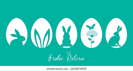 Easter Silhouette vector in green. Greeting in German language
Easter Symbol Ornament with Easter bunny, Easter egg, flowers and butterfly.