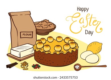 Easter Simnel cake recipe. Happy Easter day lettering. Vector bakery for cookbook, greeting card, poster, invitation, banner, menu design. Eggs, flour, butter, milk, salt.