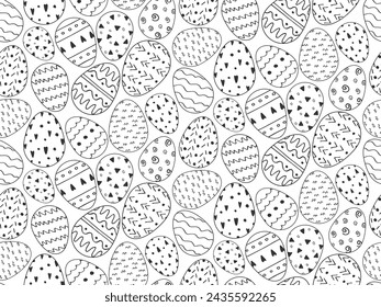 Easter simple Doodle seamless Pattern. Outline Easter Eggs with hand Drawn ornament. Black and white minimal illustration. Egg hunt spring funny monochrome Background